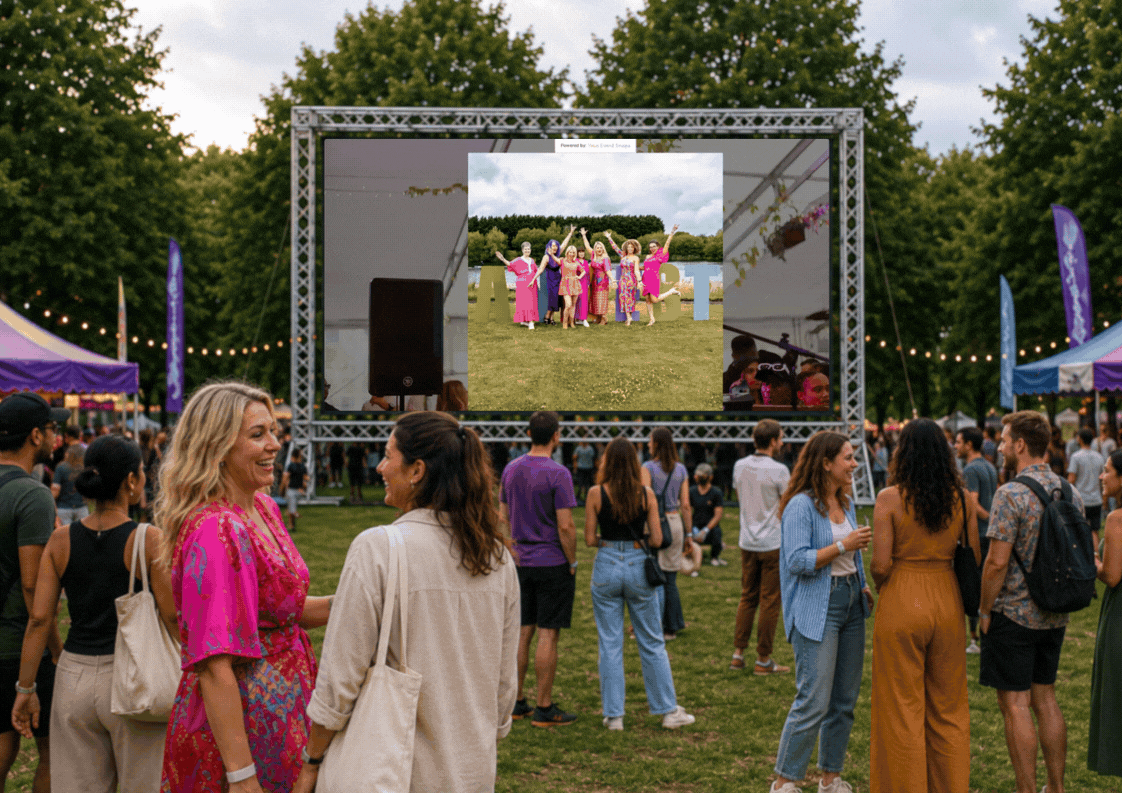 Capture+ LiveWall at an outdoor event with attendee photos on the big screen